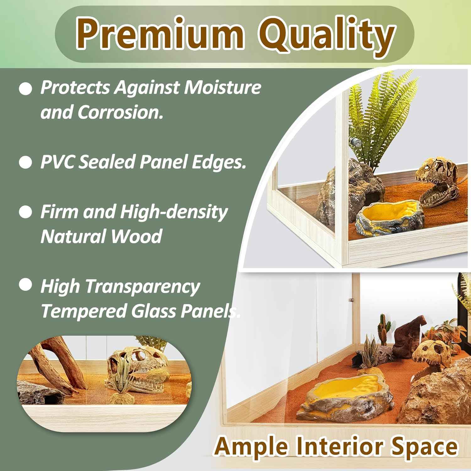 PROLEE Tempered Glass Bearded Dragon Tank,32 Gallon Reptile Tank with Meatl Mesh Roof and Front Sliding Door, Anti-Scratch Lizard Tank,Spacious Reptile Enclosure for Snakes,Lguanas, Chameleons (Oak)