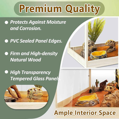 PROLEE Tempered Glass Bearded Dragon Tank,32 Gallon Reptile Tank with Meatl Mesh Roof and Front Sliding Door, Anti-Scratch Lizard Tank,Spacious Reptile Enclosure for Snakes,Lguanas, Chameleons (Oak)