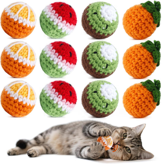 12 Pack Cat Toy Balls, Hand-Knitted Woolen Yarn Cat Balls Toy with Bell Inside, Interactive Kitty Toys for Indoor Kitten Teething, Chasing & Self Play(Fruit-Shaped)