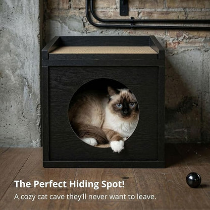 Meowdium Cat House – Cat Condo with Cardboard Scratcher, Scratching Post, Bed & Toy Storage, Cozy Cat Furniture & Accessories for Indoor Cats, Blackwood