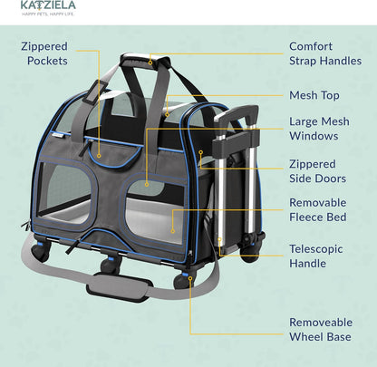 Katziela Pet Carrier - Airline Approved Dog Carrier - TSA Approved Pet Carrier for Small Dogs and Cats - Soft FAA Travel Airplane Dog Carrier Luggage (Black/Blue)