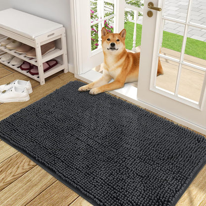 OLANLY Dog Door Mat for Muddy Paws 48x30, Absorbs Moisture and Dirt, Absorbent Non-Slip Washable Doormat, Quick Dry Chenille Mud Mat for Dogs, Entry Indoor Entryway Carpet for Inside Floor, Dark Grey