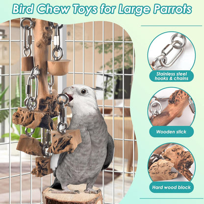 Bird Toys for Parrots, Durable Wooden Large Birds Toy with Stainless Steel, Hanging Natural Chew Hardwood Blocks for Macaws, African Greys, Amazon Parrot, Cockatoos and Small Medium Parakeets