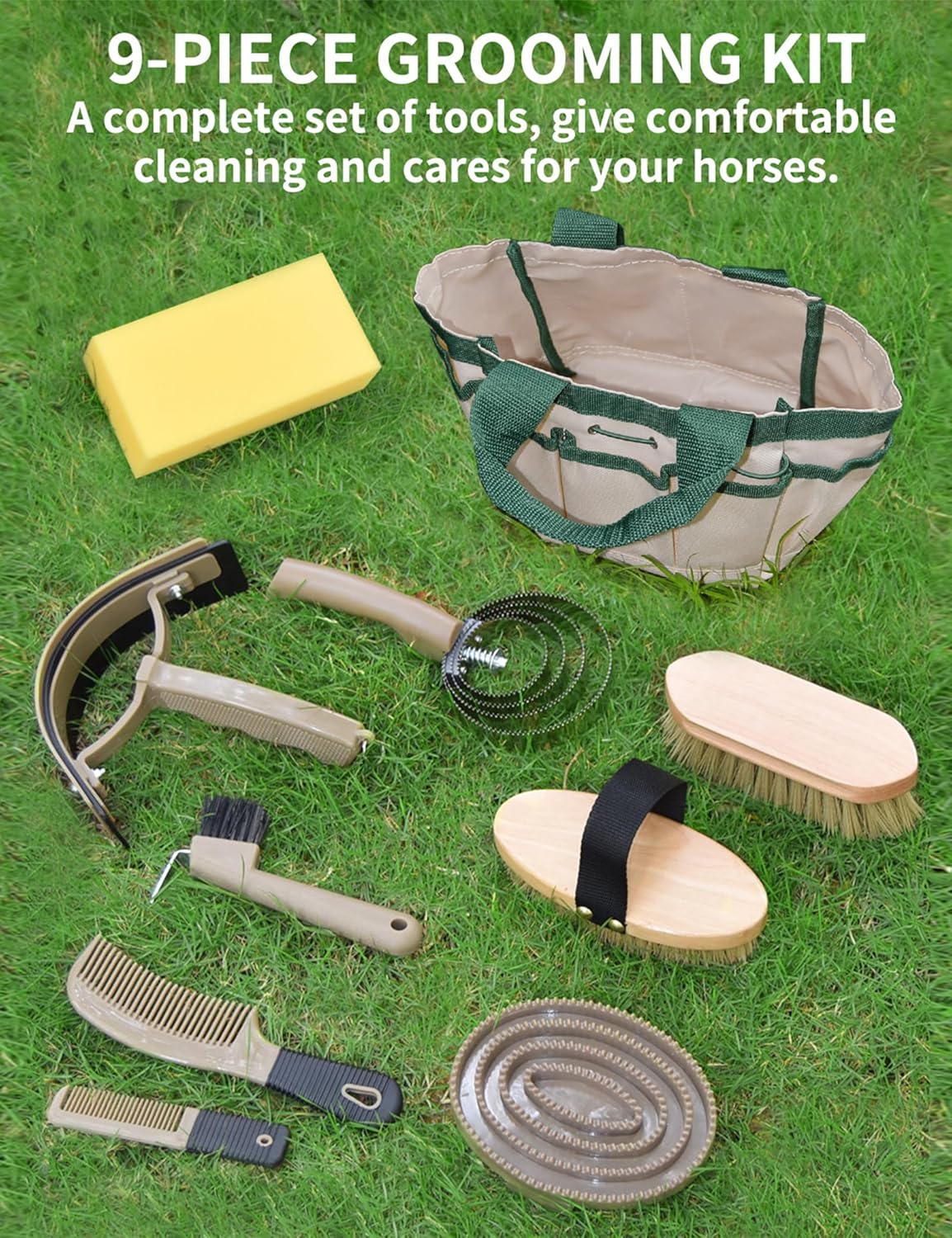9 Pieces Horse Grooming Kit, Tack Room Supplies Set with Tote Bag, Horse Brush Set for Effective Cleaning and Bathing, Professional Equine Coat Care Kit for Horse Riders Beginner