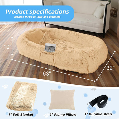 Human Dog Bed for Adults & Pets, 63"x32"x10" XL Faux Fur Nap Bed with Pillow, Blanket & Strap, Orthopedic Washable Lounger for Sleeping, Relaxing, Cuddling – Beige