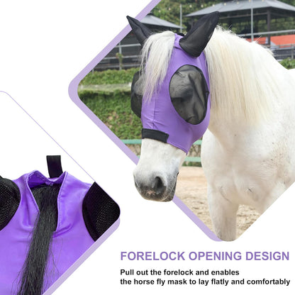 Stretchy Horse Fly Mask for Horses, Soft Lycra Equine Mesh Mask, Elasticity Horse Face Covering, Breathable&UV Protection, Violet, Cob