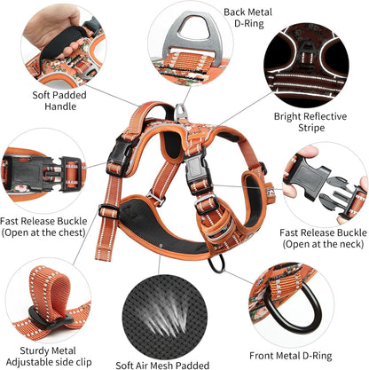 Timos Dog Harness for Large Dogs, No Pull Service Vest with Reflective Strips and Control Handle,No Choke Dog Harness with 2 Metal Rings for Easy Walking,Outdoor Training,Flower Orange, XL