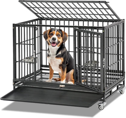 36 Inch Collapsible Dog Crate, Heavy Duty Dog Cage for Small/Medium Dogs, 2-Door Dog Kennel with Top Access, Lockable Wheels, Tray & Metal Floor Grid