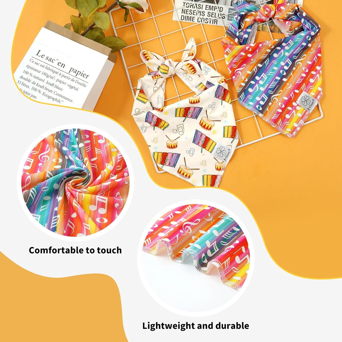 E-Clover Musical Notes Dog Bandanas Rainbow Scarf for Dog Boy Girl Cute Concert Costumes Accessories for Medium Large Dogs