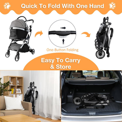 Dog Stroller for Small Medium Dogs, 3 in 1 Folding Pet Stroller Up to 33 lbs, 4 Wheels Pet Strolling Cart with Zipperless Entry, Cat Dog Travel Carrier with Telescopic Handle and Storage Basket - Pawvie
