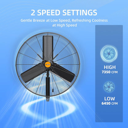 24 inch Outdoor Oscillating Wall Mounted Fan, High Velocity IPX4 Waterproof 7600 CFM Industrial Metal Wall Fan, 2 Speed, Adjustable Tilt, for Greenhouse, Patio, Garage, Workshop