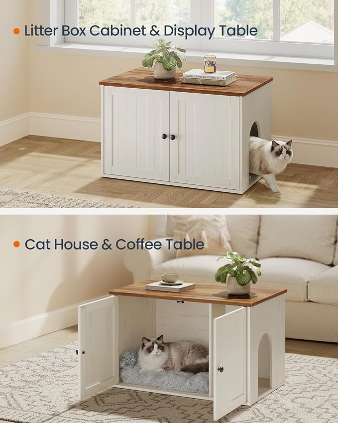 SONGMICS HOME Litter Box Enclosure, Superfast Toolless Assembly, Cat Litter Box Furniture, Push-to-Open Doors, Indoor Cat House, Rustic White and Honey Brown UPCL233WJ04S