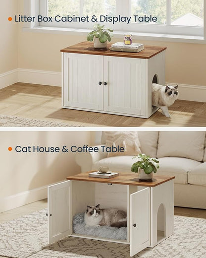SONGMICS HOME Litter Box Enclosure, Superfast Toolless Assembly, Cat Litter Box Furniture, Push-to-Open Doors, Indoor Cat House, Rustic White and Honey Brown UPCL233WJ04S