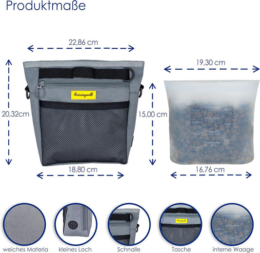 Dog Treat Pouch with Magnetic Closure 4-Cup Silicone Bag Fanny Pack Holder with Clicker 4 Ways to Wear Front Pocket Fits All Phones Ideal for Leash, Pet Walking and Training(Gray)