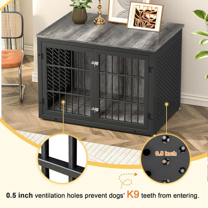 42" Heavy Duty Dog Crate Furniture for Large and Medium Dogs, Enclosed Design Wooden Metal Kennel, Pet Cage Furniture Indoor, Decorative Dog Kennel, End Table