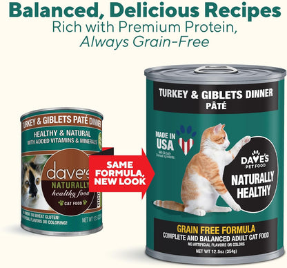 Dave's Pet Food Grain Free Canned Cat Food (Turkey & Giblets Pate), Made in USA Naturally Healthy Canned, Canned Pate, 12.5 oz Cans (12 Pack)