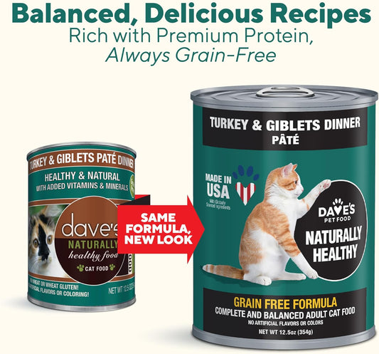Dave's Pet Food Grain Free Canned Cat Food (Turkey & Giblets Pate), Made in USA Naturally Healthy Canned, Canned Pate, 12.5 oz Cans (12 Pack)