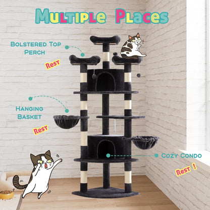 SHA CERLIN 73in Fan-Shaped Corner Cat Tower for Save Space/Multi-Level Tall Cat Tree for Indoor Kitties/Condo with Baskets/Cozy Perches/Sisal Scratching Posts/Pet Activity House/Dark Grey