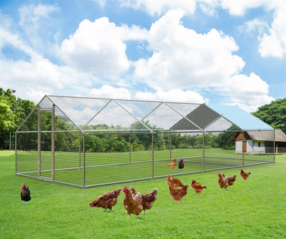 1.26’’ Large Metal Chicken Coop Walk in, Chicken Pen for Chickens, Outdoor Chicken Runs Coops Dog Kennel, Spire Roofed Chicken Runs for Yard with Anti-Ultraviolet Cover (9.8’Lx26.2’Wx6.4’H)