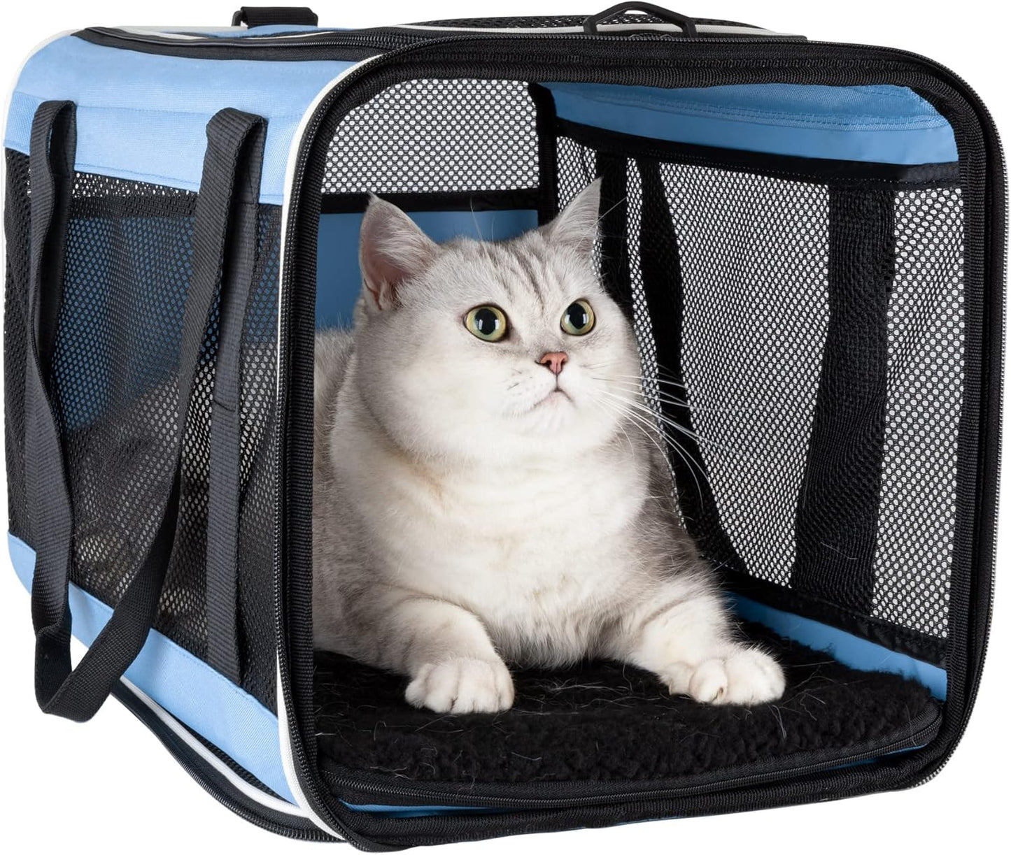 petisfam Soft Pet Carrier for Large and Medium Cats, 2 Kitties, Small Dogs. Easy to Get Cat in, Great for Cats That Don't Like Carriers (Blue) - Pawvie