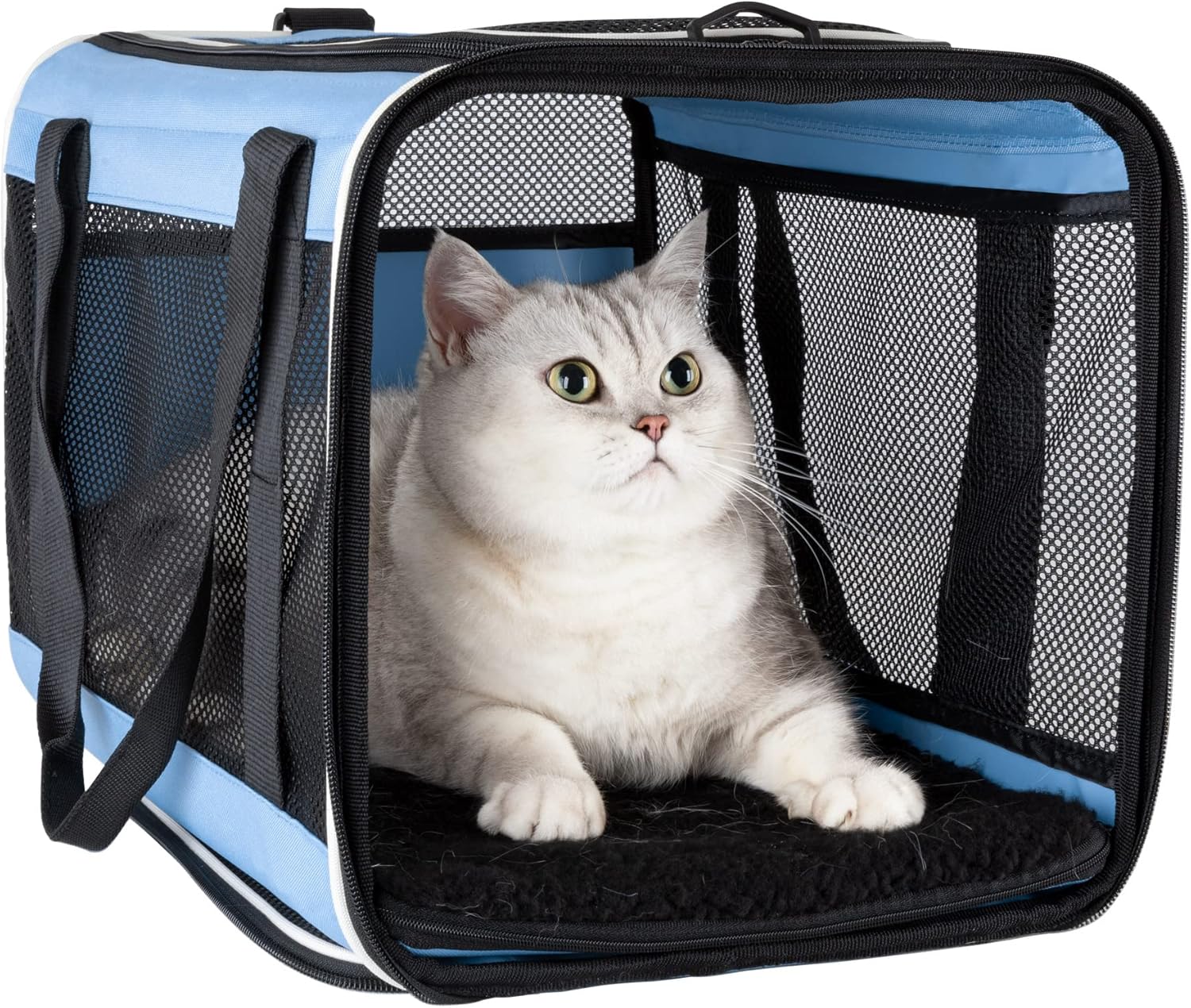 petisfam Soft Pet Carrier for Large and Medium Cats, 2 Kitties, Small Dogs. Easy to Get Cat in, Great for Cats That Don't Like Carriers (Blue) - Pawvie