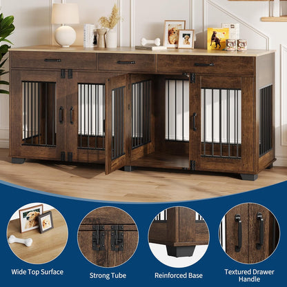 71 Inch Dog Crate Furniture for 2 Rooms, Wooden Double Crate Large Breed with Door, Dog Kennel Indoor, TV Stand End Table with Divider for Large Medium Dogs,Brown