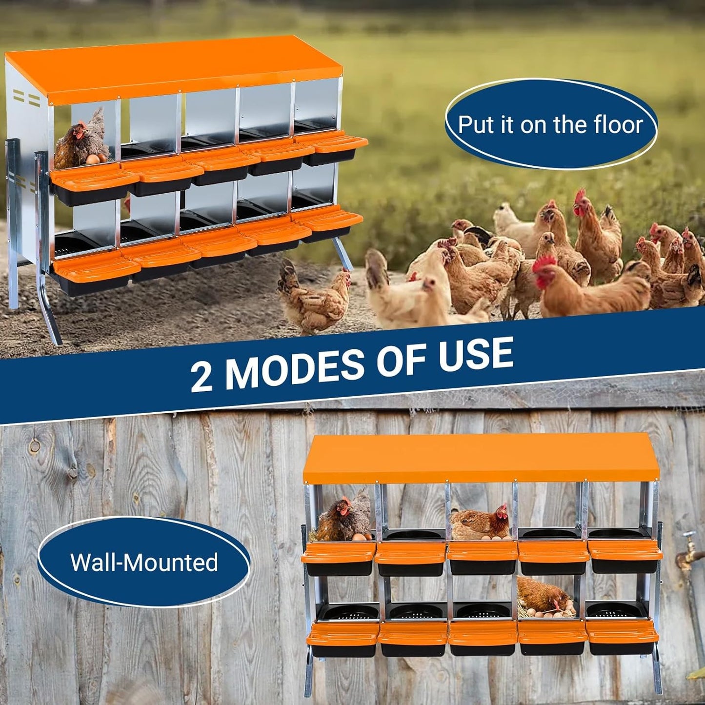 Chicken Nesting Box, 10 Hole 2 Layer Hen Nest Boxes with Legs, Roll Away Eggs Laying Boxes,Cleanable Pull Out Hen Roosting Boxes