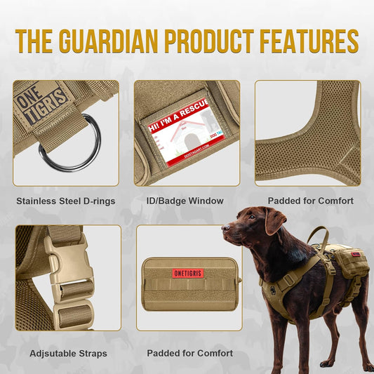 OneTigris Service Dog Vest Harness, Service Dog Cape Guardian Dog Backpack Harness with Pouches Dog Saddle Bag for Small Medium and Large Dogs (Brown, M)