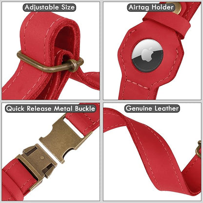 AirTag Dog Collar - Genuine Leather Dog Collar with Apple AirTag Holder and Metal Buckle - Smart GPS Tracking Pet Collars (Red, XL, 20"-25" Neck Fit)