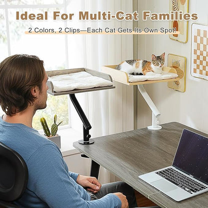 PAWZ Road Cat Desk Bed, Wooden Cat Bed for Desk Supports Up to 50 lbs, 360° Rotation & Adjustable, Nest Desktop Attachment Cats Hammock for Table, Beige