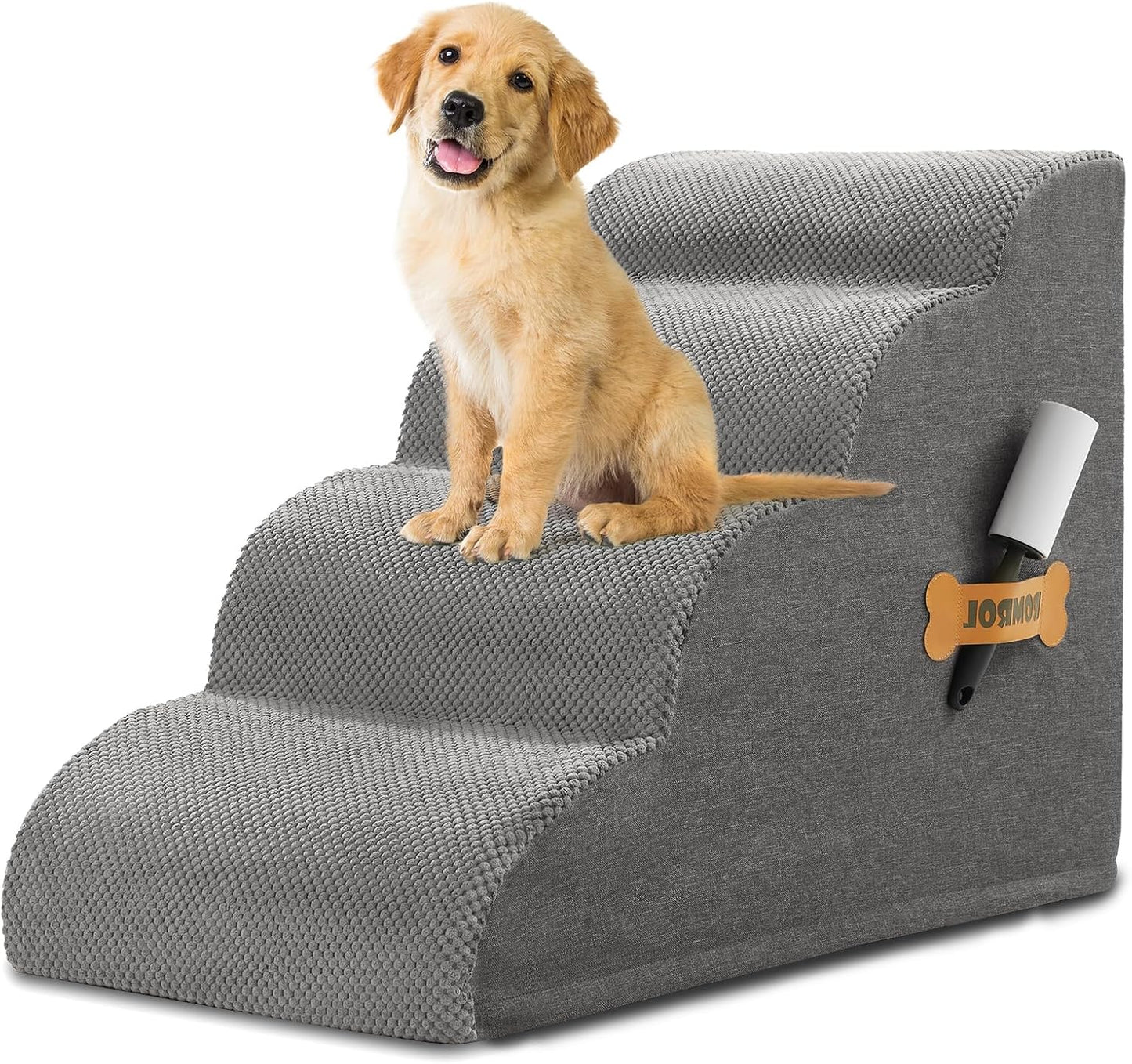 Dog Stairs, Romrol Dog Steps Ramp for High Bed and Couch, Dogs Ramp with Durable Non-Slip Waterproof Fabric Cover, Pet Stairs for Small Dogs and Cats or Pets Joints, 4-Tiers,Grey - Pawvie