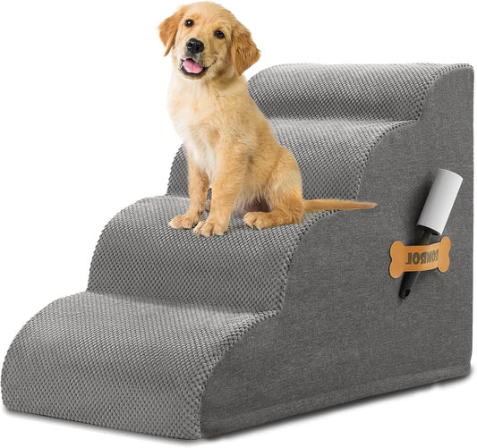 Dog Stairs, Romrol Dog Steps Ramp for High Bed and Couch, Dogs Ramp with Durable Non-Slip Waterproof Fabric Cover, Pet Stairs for Small Dogs and Cats or Pets Joints, 4-Tiers,Grey - Pawvie