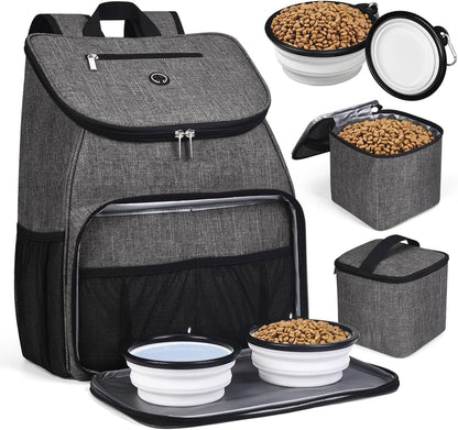 BAGLHER丨Dog Travel Bag, Airline Approved Pet Supplies Backpack, Dog Travel Backpack Accessories Set with 2 Silicone Collapsible Bowls and 2 Food Baskets, Gray - Pawvie
