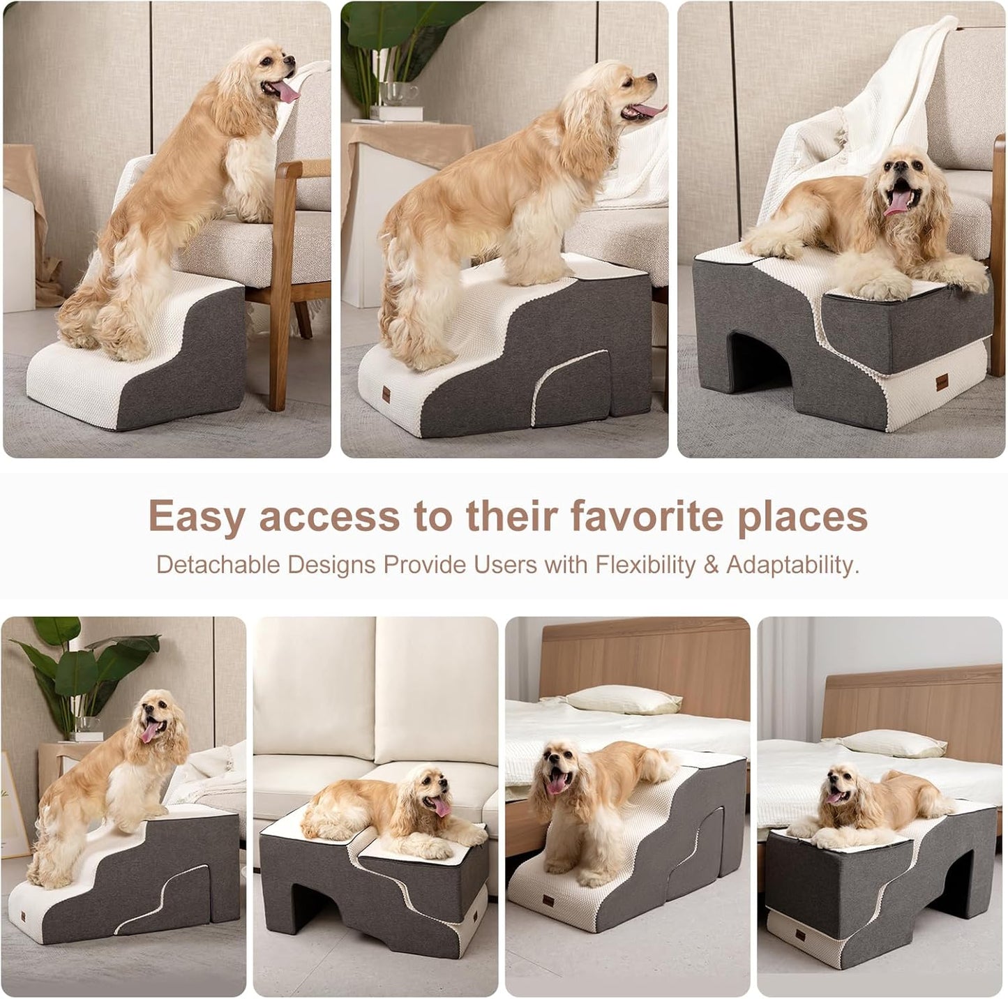 Dog Stairs for High Beds with Tunnel, 4-Step Dog Steps for Small Dogs and Cats, Foldable Pet Stairs for High Bed Climbing, Non-Slip Balanced Pet Step Indoor, Beige - Pawvie
