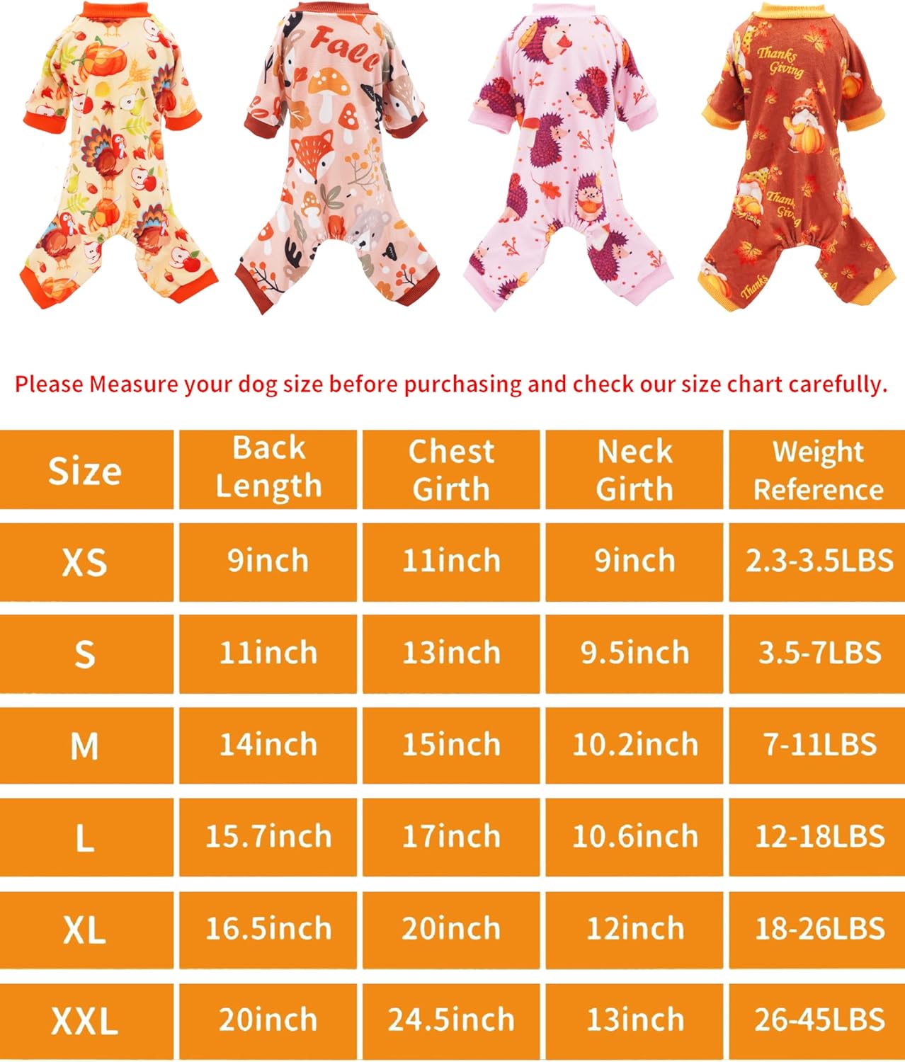PET SHOW 4 Pack Fall Small Dog Pajamas Thanksgiving Clothes for Medium Dogs Girl Boy Soft Stretchy PJs Autumn Jumpsuit Puppy Onesies Outfits with Sleeve Pets Dachshund Costume XXL