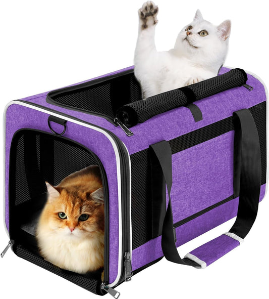 Pet Carrier for Large Cat 20 lbs+ / Soft Sided Small Dog 12 Pounds Travel Crate Top Load/Collapsible Kitty Carry Bag Big Kitten Mesh/Sturdy Animal Transport cage Kennel Long Trips Purple - Pawvie