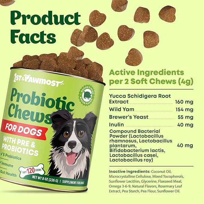 Dog Probiotic Chews Gut Health & Digestive Function Support Anti Diarrhea Upset Stomach & Gas Relief Yeast Balance Allergies & Itching Prebiotic Supplement Chews - 120 pcs
