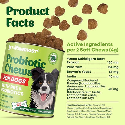 Dog Probiotic Chews Gut Health & Digestive Function Support Anti Diarrhea Upset Stomach & Gas Relief Yeast Balance Allergies & Itching Prebiotic Supplement Chews - 120 pcs