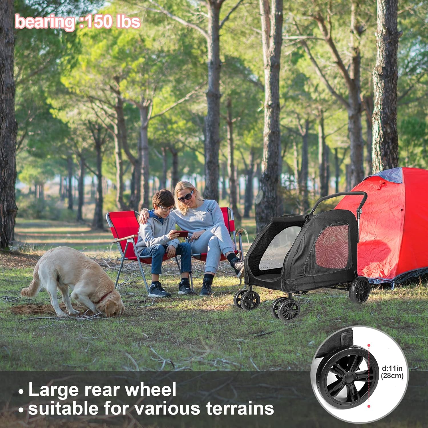 Large Dog Travel Stroller with 4 Heavy Duty Wheels Pet Stroller with Adjustable Handle - Double Doggie Capacity Jogger Wagon with Back Front Door for Small Medium Large Dogs (Black 1) - Pawvie