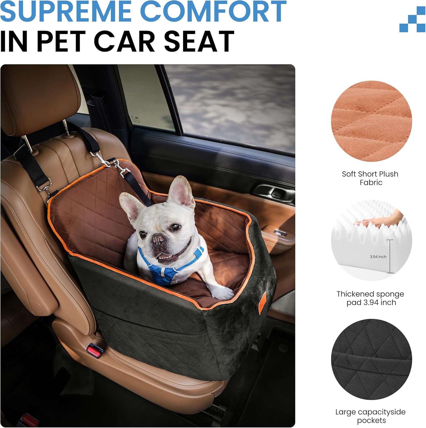 Dog Car Seat for Small Dogs - Puppy Car Seat with Safety Strap & Waterproof Padding, Portable Pet Carrier for Cars, Trucks & SUVs, Comfortable Elevated Bed for Pets Up to 35lbs (Black/Coffee) - Pawvie