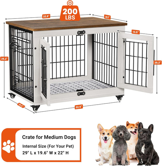 Lulive Dog Crate Furniture for Medium Dogs, 32'' Dog Kennel Indoor with Cushion & Wheels Wooden Dog Cage Double Doors Dog Crate End Table, White