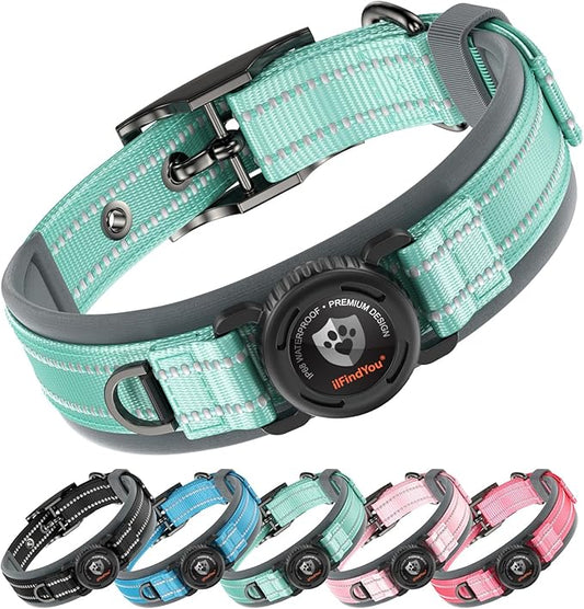 Upgraded AirTag Dog Collar with Holder, Waterproof Reflective Air Tag Dog Collar with Widened Comfortable Padding & Ultra-Durable Metal Buckle, Adjustable for Medium Dogs (M, Cyan)