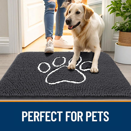 OLANLY Door Mat for Muddy Dog Paws 59x35, Ultra Absorbent Chenille Mud Doormat with Paw Print Design, Non-Slip Washable Doormat for Indoor Entryway, Quick-Dry Pet Bed Mats for Dirty Dogs, Dark Grey