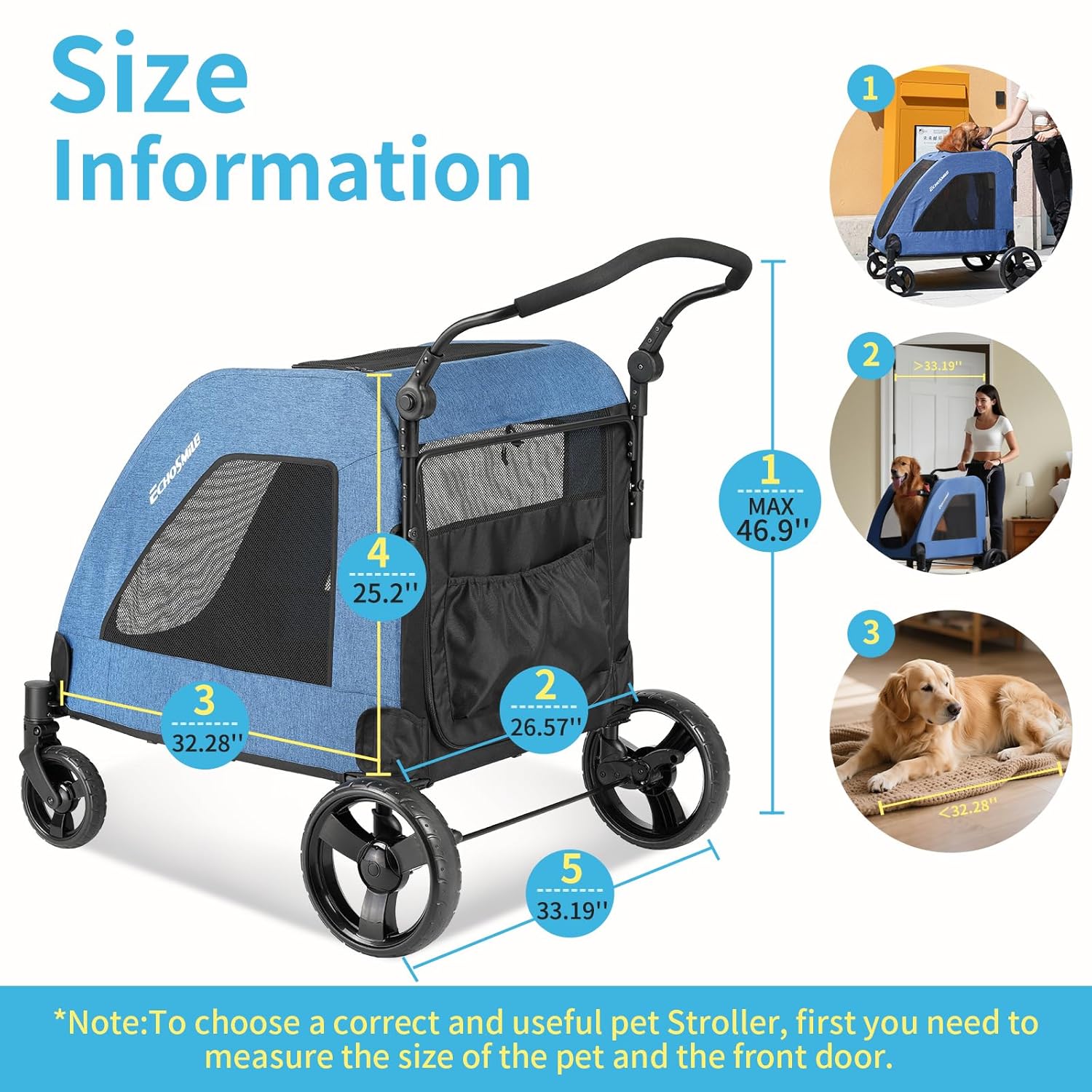 EchoSmile Heavy-Duty Large Dog Stroller with Shock-Absorbing Wheels, Foldable Pet Travel Carrier for Medium & Large Dogs, 5 Mesh Windows, 160 lbs Capacity, Easy Assembly & Storage - Pawvie