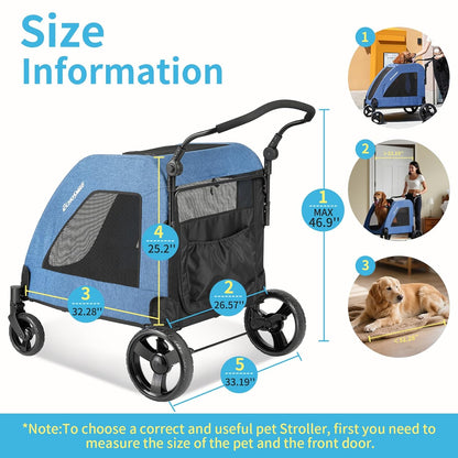EchoSmile Heavy-Duty Large Dog Stroller with Shock-Absorbing Wheels, Foldable Pet Travel Carrier for Medium & Large Dogs, 5 Mesh Windows, 160 lbs Capacity, Easy Assembly & Storage - Pawvie