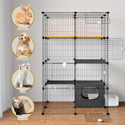 Oneluck Cat Cage with Litter Box,4-Tier DIY Enclosures Large Playpen Detachable Metal Wire Kennel Indoor Crate Large Exercise Place Ideal for 1-2 Cats (35" L x 28" W x 55" H)