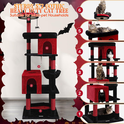 Globlazer Heavy Duty Gothic Cat Tree, 72in Large Cat Tower with Coffin Bed, Sturdy Maine Coon Cat Tree for Large Cats 20 lbs+, Medieval Castle Style with 6 Scratching Posts & Hammock, S72, Black & Red