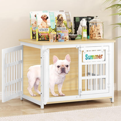 EasyCom 33" Dog Crate Furniture with Name Tag, Heavy Duty Dog Kennel Indoor for Medium and Small Dogs, Double-Doors Sturdy Metal Dog Cage, Decorate House as TV Stand, End Table, Bedside Table