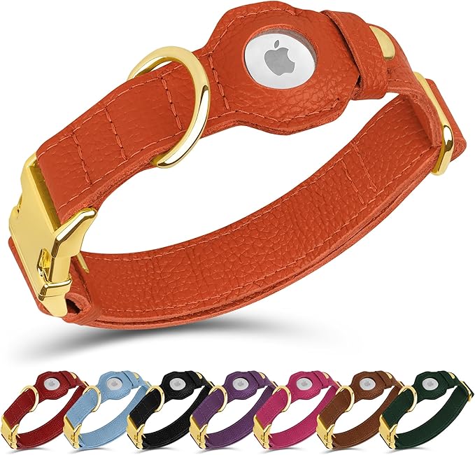 Leather Airtag Dog Collar - Soft Tracking Dog Collar with Apple AirTag Holder and Metal Buckle - Safety GPS Pet Collars for Small Medium Large Dogs Puppy Pink Red (Orange, L, 17"-21" Neck Fit)