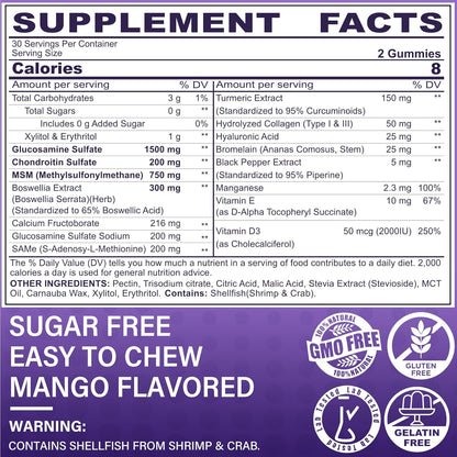 Glucosamine Chondroitin Gummies, Sugar Free Glucosamine Chondroitin MSM Supplement, Extra Strength with Boswellia Turmeric, Hydrolyzed Collagen & Hyaluronic Acid, Bone Health for Men & Women, 120 Cts